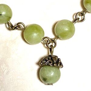 Natural Fern Green Serpentine Necklace, Cute Bronze Acorn + Genuine Gemstone